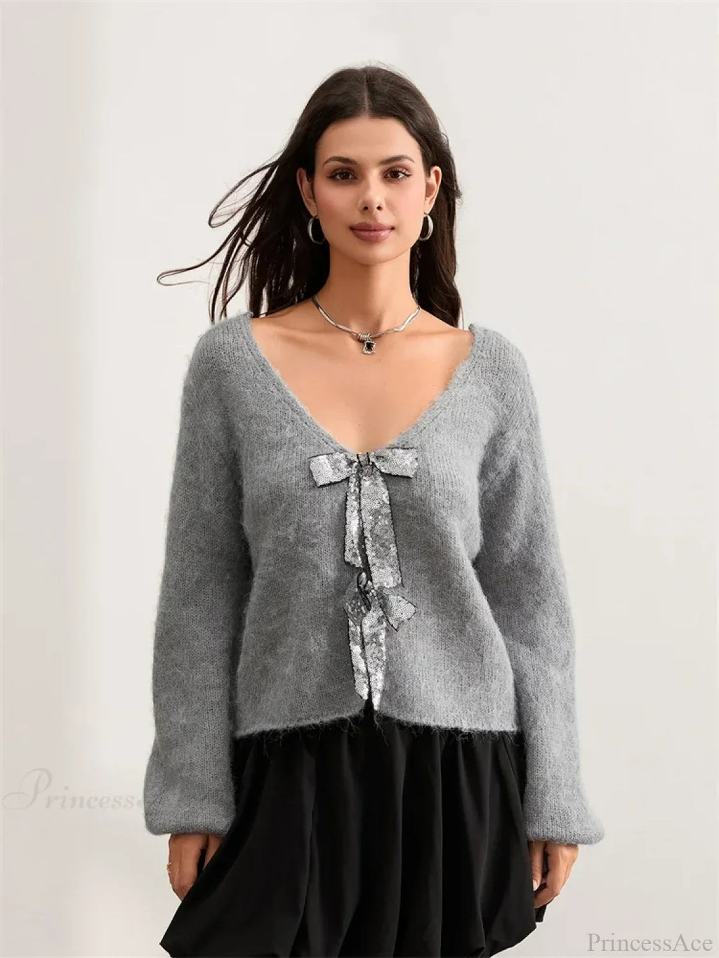 Sequin Bow Front Tie Loose V-Neck Cardigan