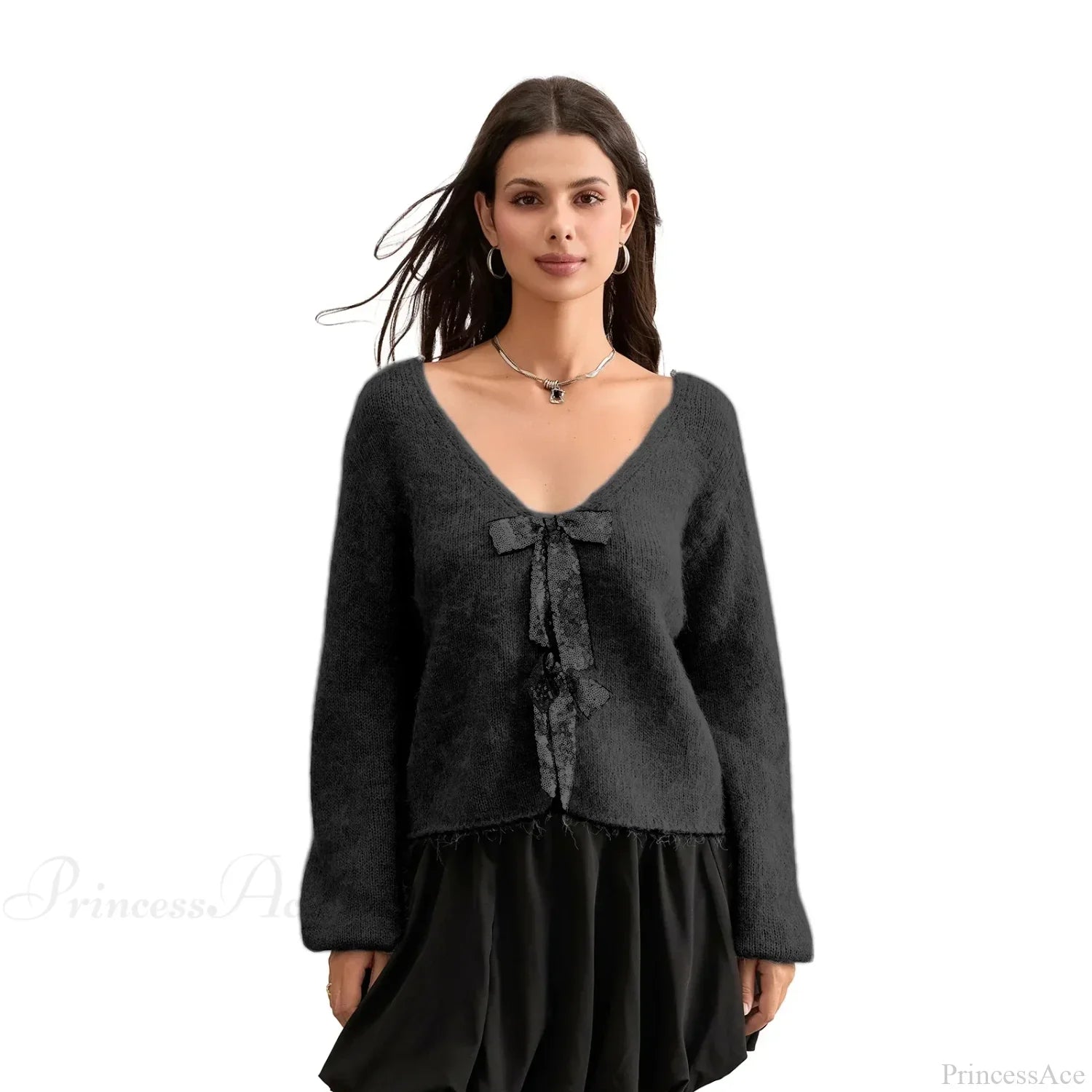 Sequin Bow Front Tie Loose V-Neck Cardigan