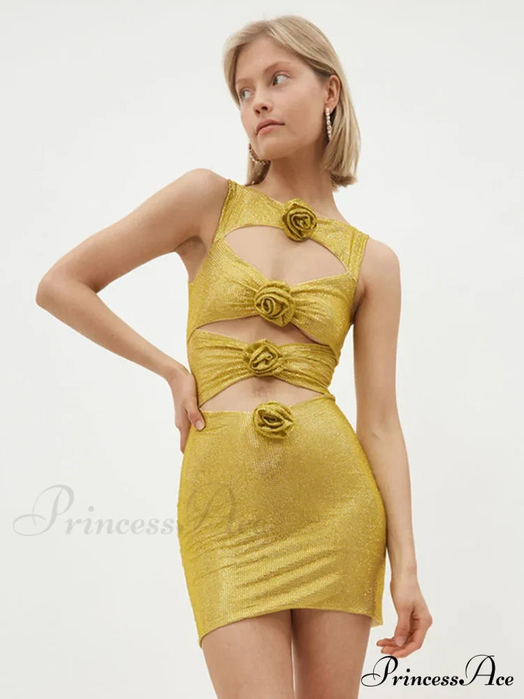 Sequin Flower Details Cut Graceful Out Bodycon Mini Dress