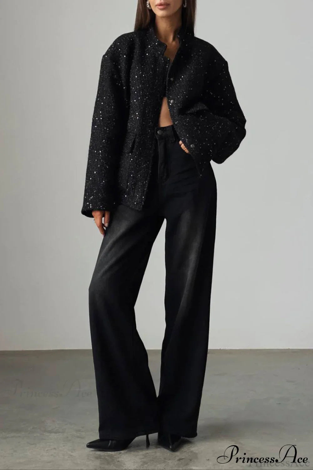 Sequin Metallic Stand Collar Loose Coat