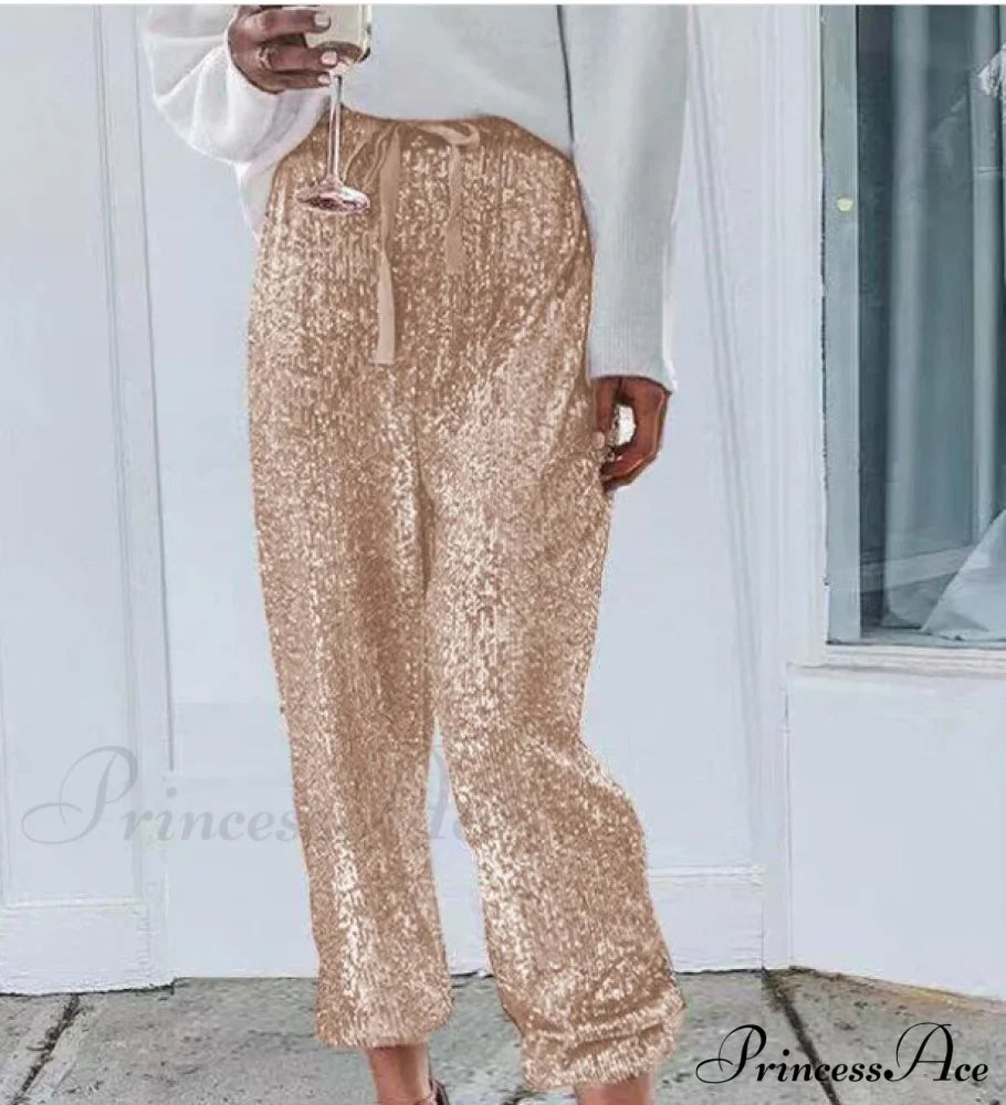 Sequin Shiny Wide Beam Leg Pants