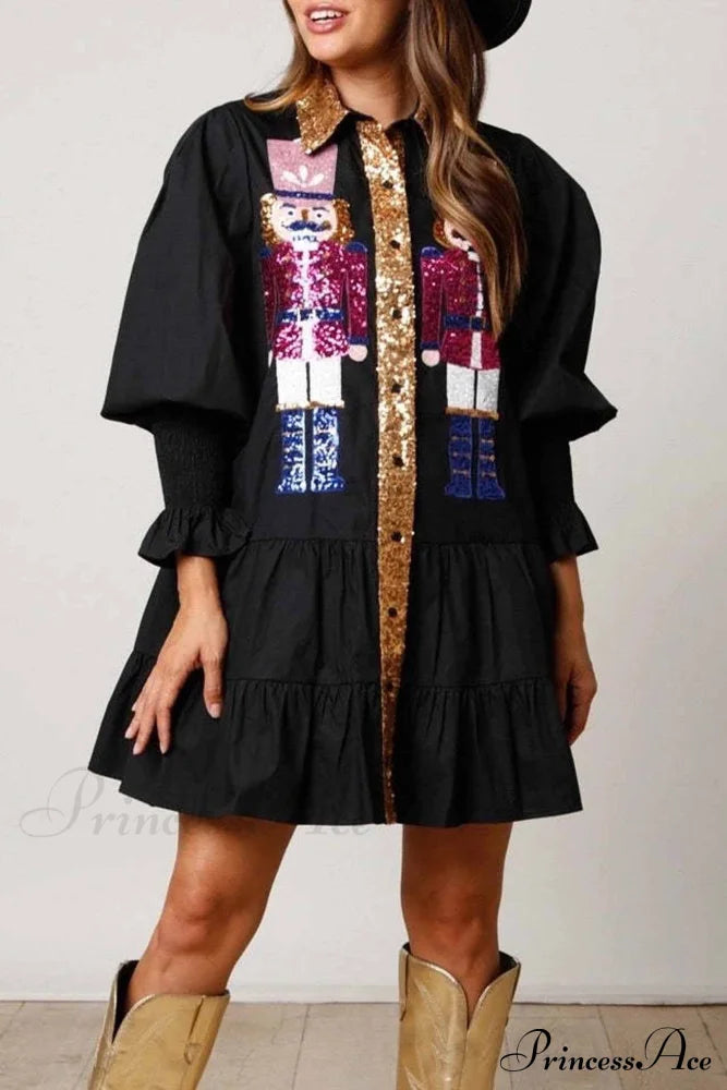 Sequin Tiered Mini Dress With Lapel Button Up