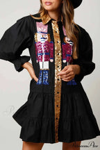 Sequin Tiered Mini Dress With Lapel Button Up