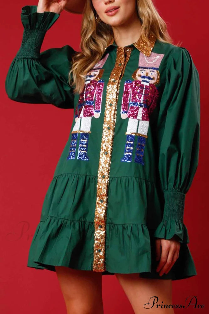 Sequin Tiered Mini Dress With Lapel Button Up