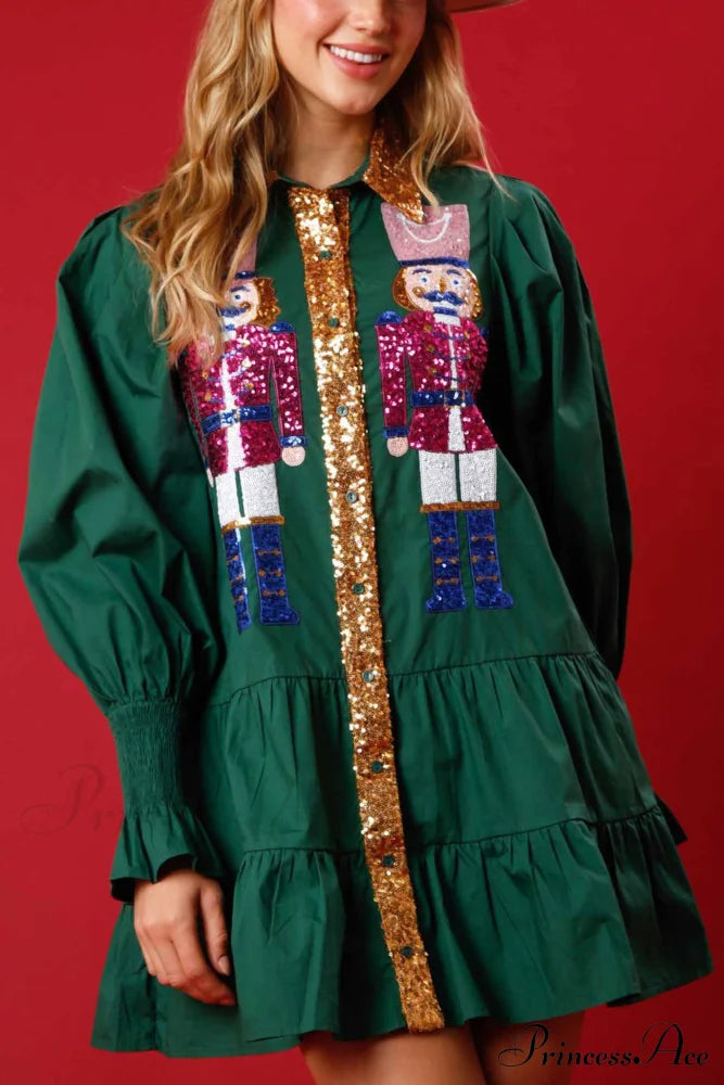 Sequin Tiered Mini Dress With Lapel Button Up