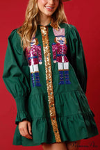 Sequin Tiered Mini Dress With Lapel Button Up