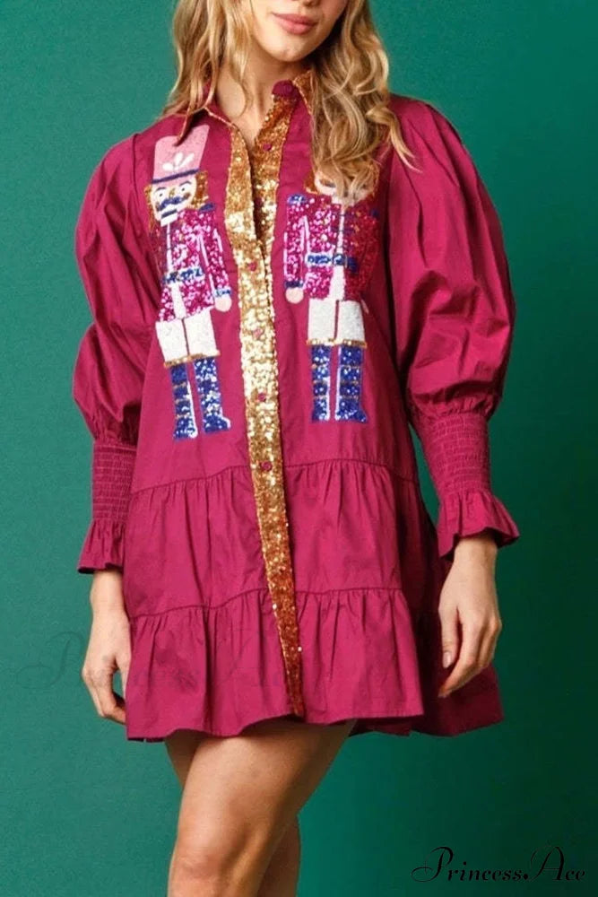Sequin Tiered Mini Dress With Lapel Button Up