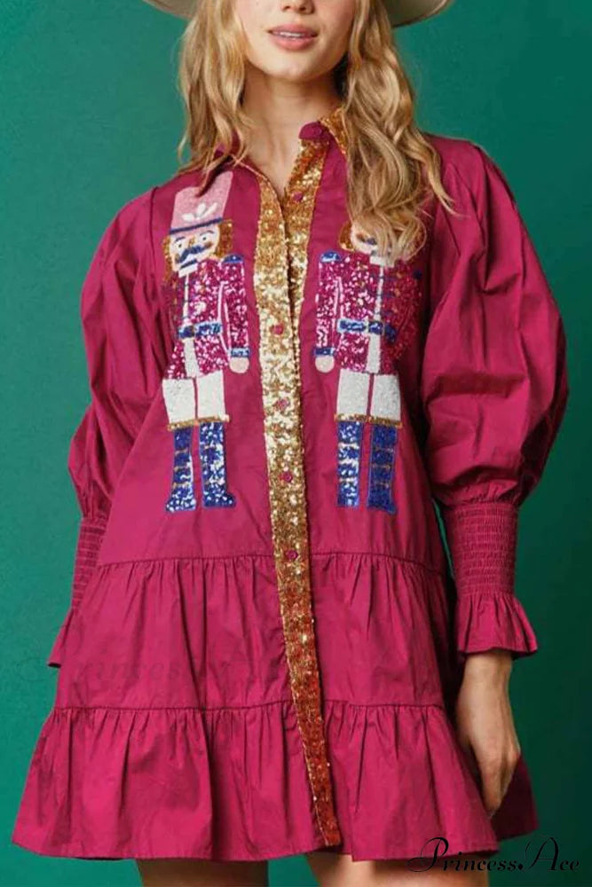 Sequin Tiered Mini Dress With Lapel Button Up