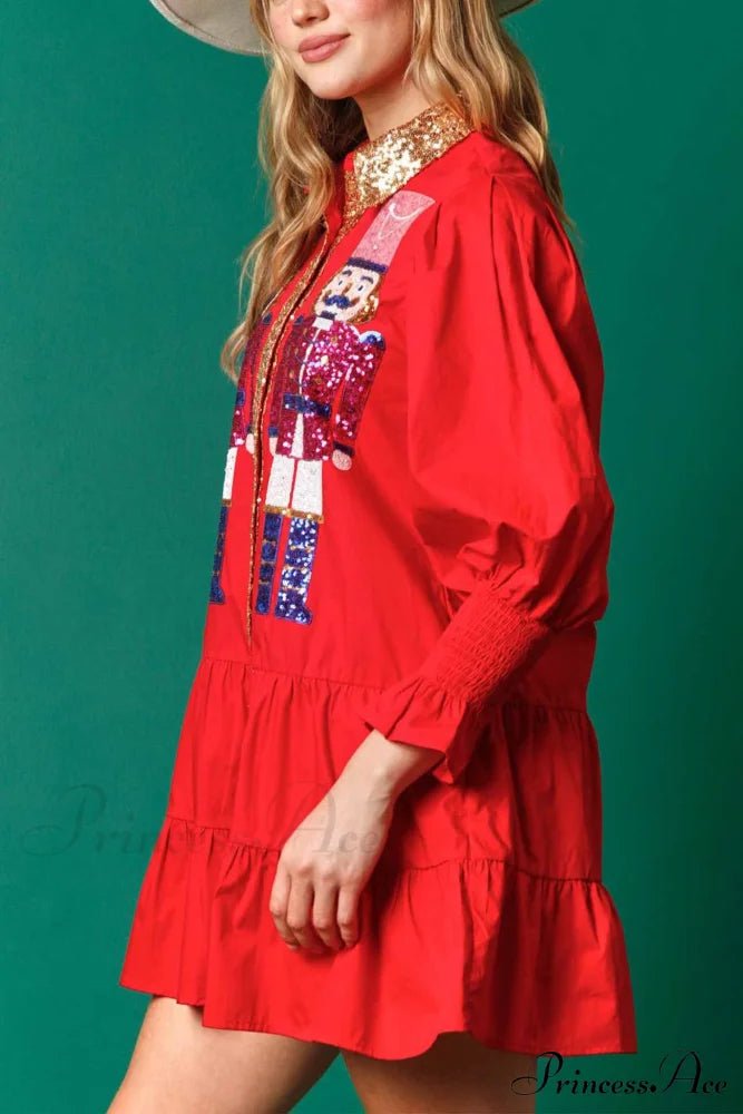 Sequin Tiered Mini Dress With Lapel Button Up