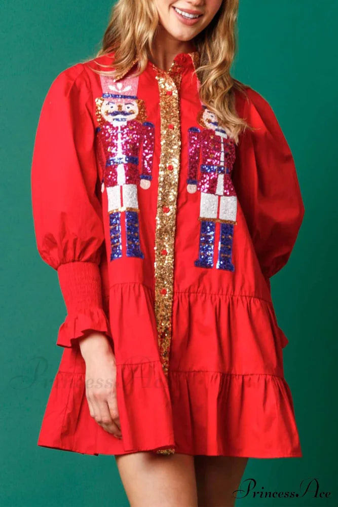 Sequin Tiered Mini Dress With Lapel Button Up