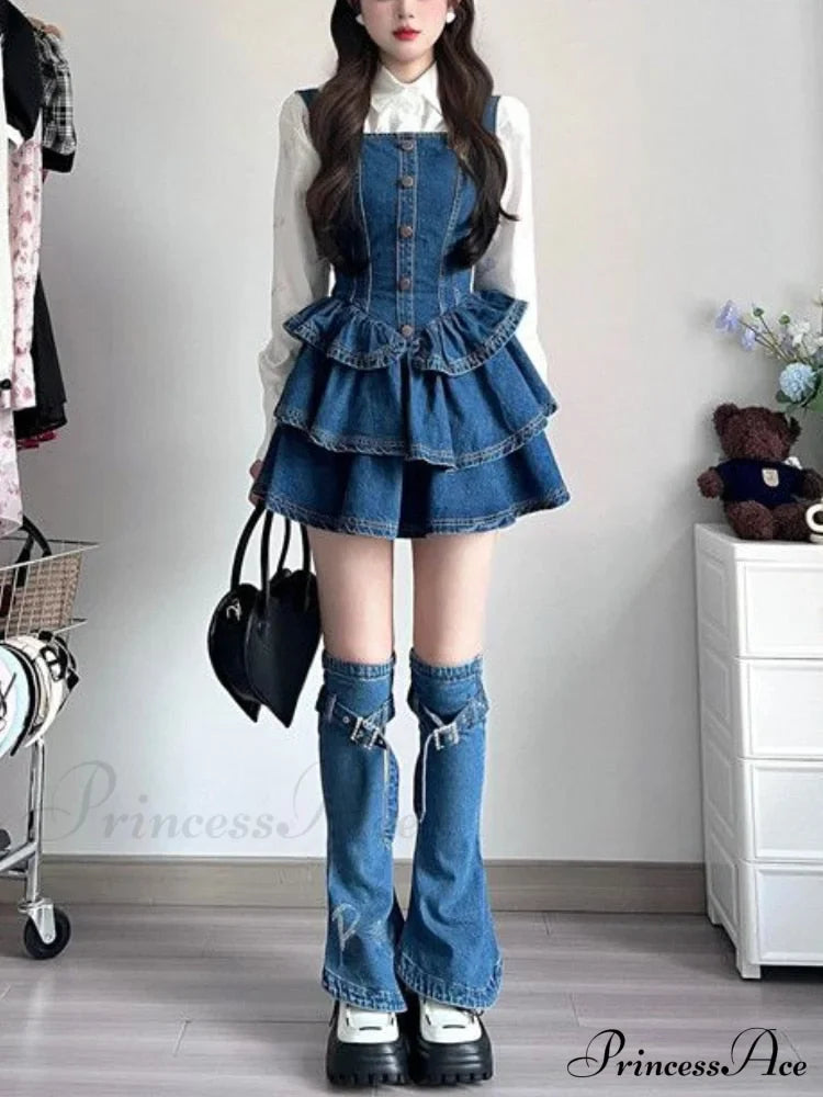 Set Y2K Vintage Sleeveless Korean Camisole Women Jean Autumn Piece Mini 3 Gown Slim Denim Clothing