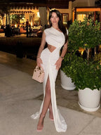 Asymmetrical Neck Hollow Out White Sleeveless Split Ruched Party Dress