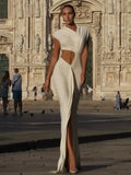 Asymmetrical Neck Hollow Out White Sleeveless Split Ruched Party Dress