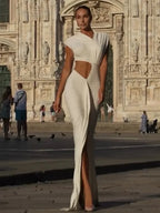 Asymmetrical Neck Hollow Out White Sleeveless Split Ruched Party Dress