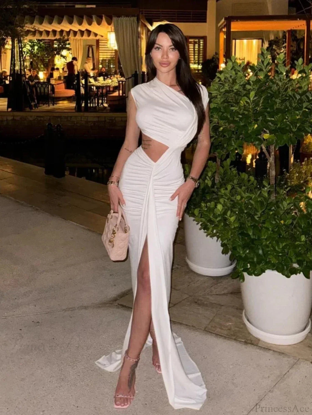 Asymmetrical Neck Hollow Out White Sleeveless Split Ruched Party Dress