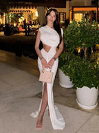 Asymmetrical Neck Hollow Out White Sleeveless Split Ruched Party Dress