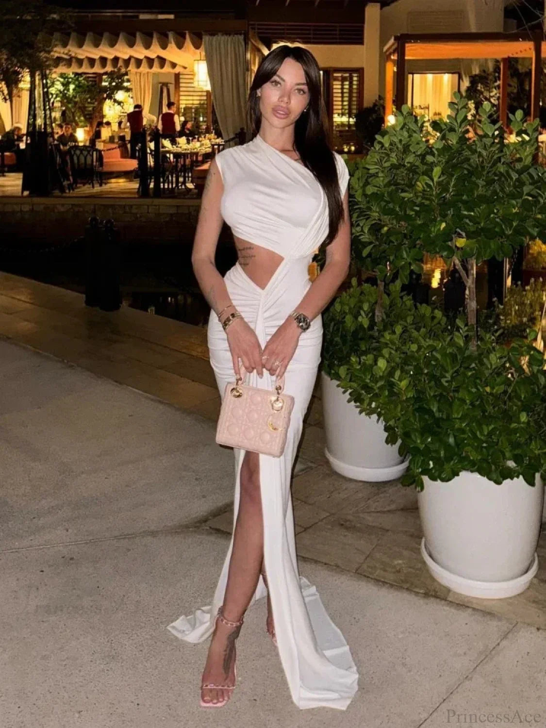 Asymmetrical Neck Hollow Out White Sleeveless Split Ruched Party Dress