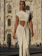 Asymmetrical Neck Hollow Out White Sleeveless Split Ruched Party Dress