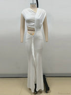 Asymmetrical Neck Hollow Out White Sleeveless Split Ruched Party Dress