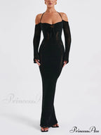 Backless Suspender Slim Graceful Hollow Long Sleeve Dress
