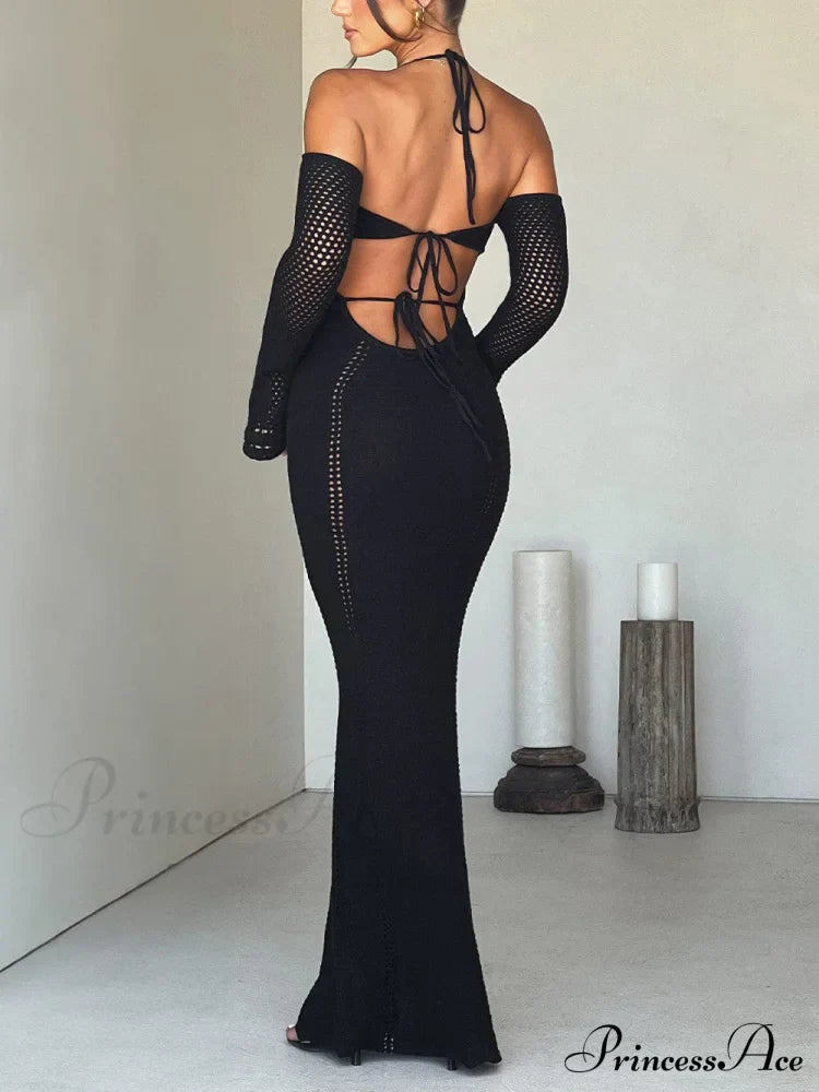 Backless Suspender Slim Graceful Hollow Long Sleeve Dress