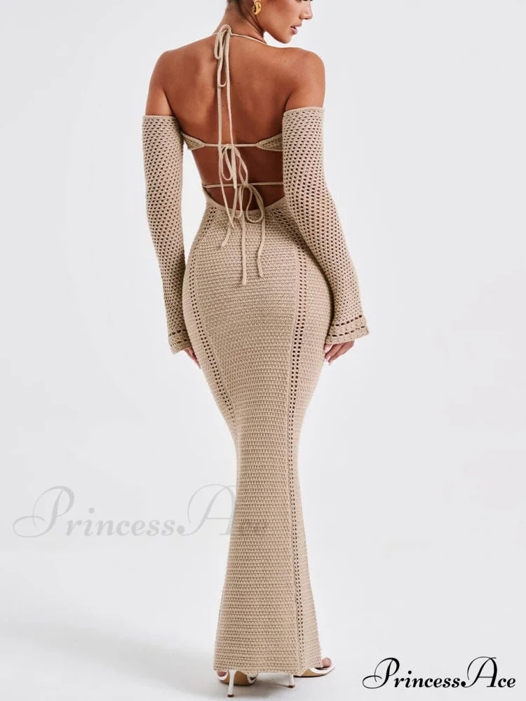 Backless Suspender Slim Graceful Hollow Long Sleeve Dress