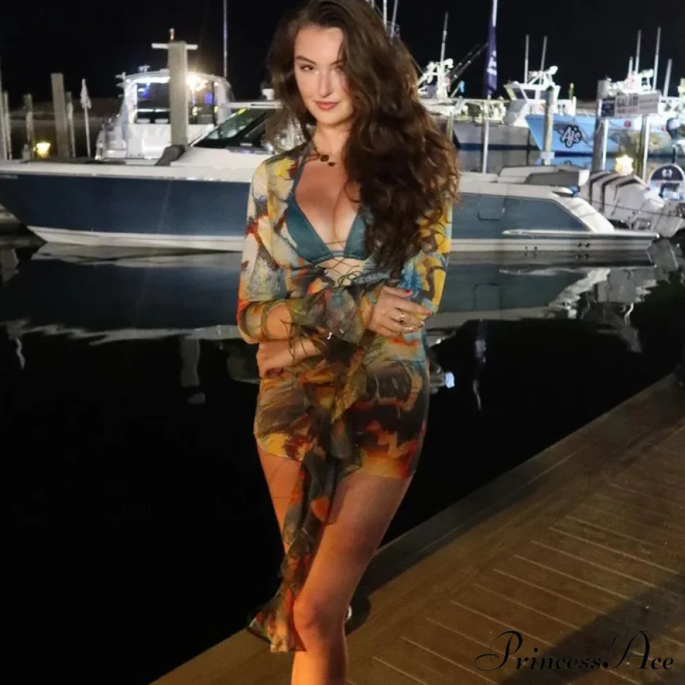 Bandage Lace Up Deep V Long Sleeve Mini Dress