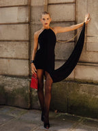 Chain Halter Neck Patchwork Flods Black Sleeveless Backless Evening Party Dress