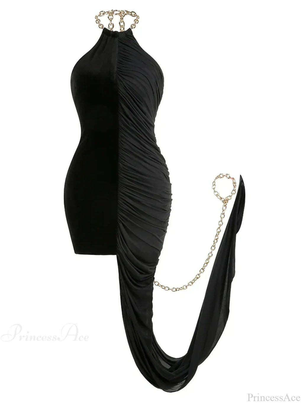 Chain Halter Neck Patchwork Flods Black Sleeveless Backless Evening Party Dress