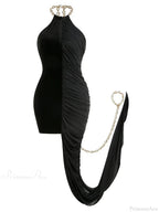 Chain Halter Neck Patchwork Flods Black Sleeveless Backless Evening Party Dress