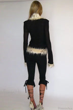 Fur Collar Tulle Panel Cropped Long Sleeve Blouse