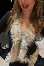 Fur Collar Tulle Panel Cropped Long Sleeve Blouse