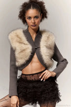 Crop Color Block Fuzzy Panel Open Front Blouse