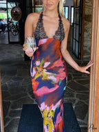 Deep V Lace Graceful Patchwork Printed Auspender Maxi Dress