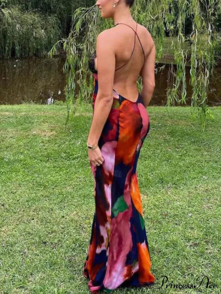 Deep V Lace Graceful Patchwork Printed Auspender Maxi Dress