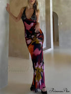 Deep V Lace Graceful Patchwork Printed Auspender Maxi Dress