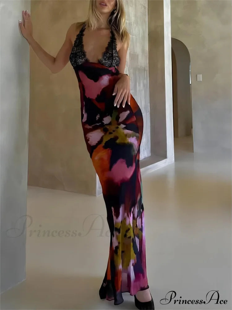 Deep V Lace Graceful Patchwork Printed Auspender Maxi Dress