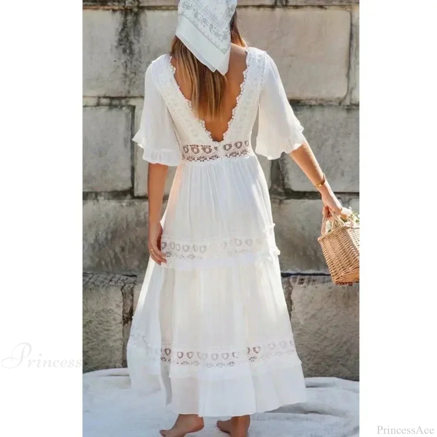 Deep V-Neck Backless Cotton Lace Dress