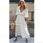 Deep V-Neck Backless Cotton Lace Dress