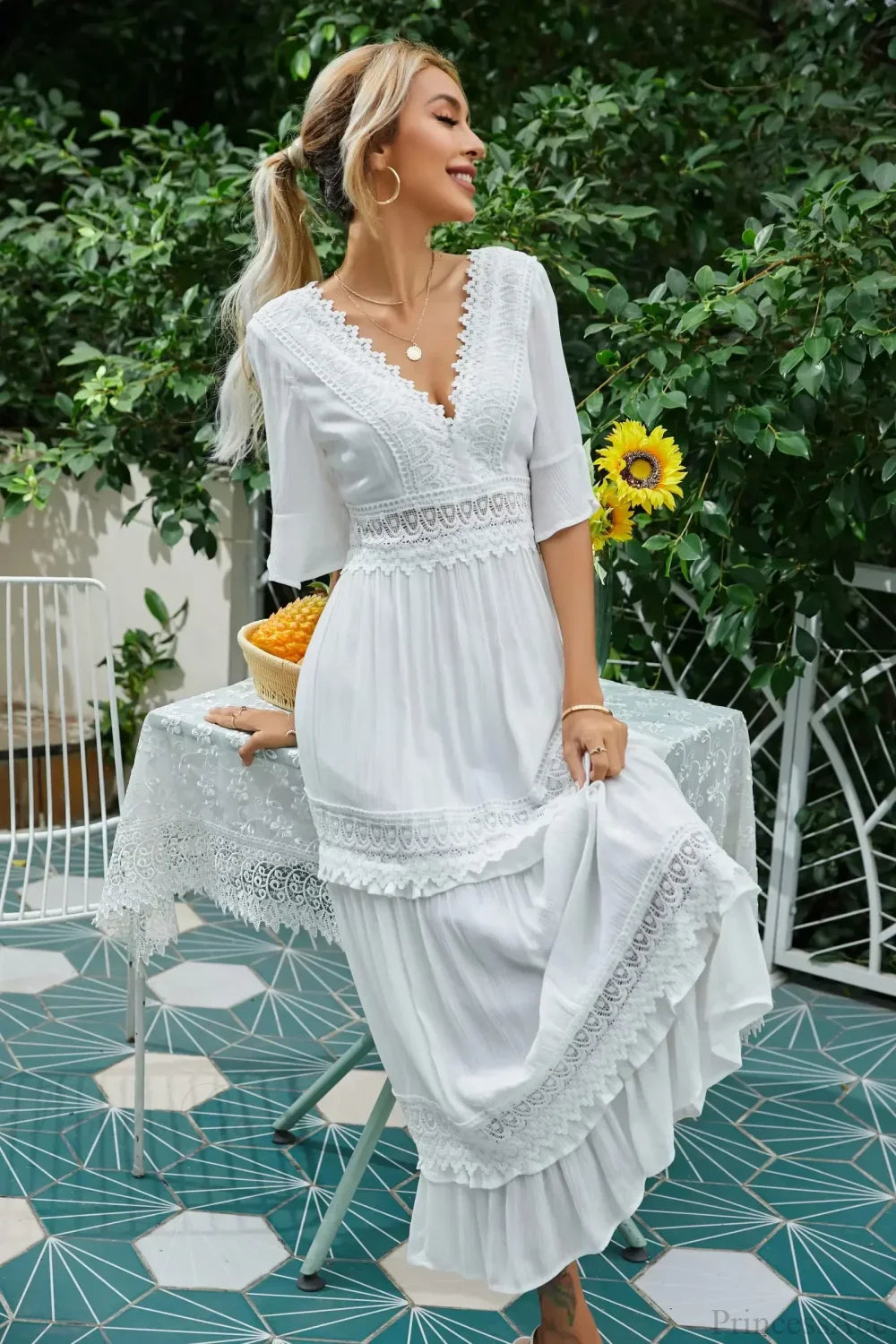 Deep V-Neck Backless Cotton Lace Dress