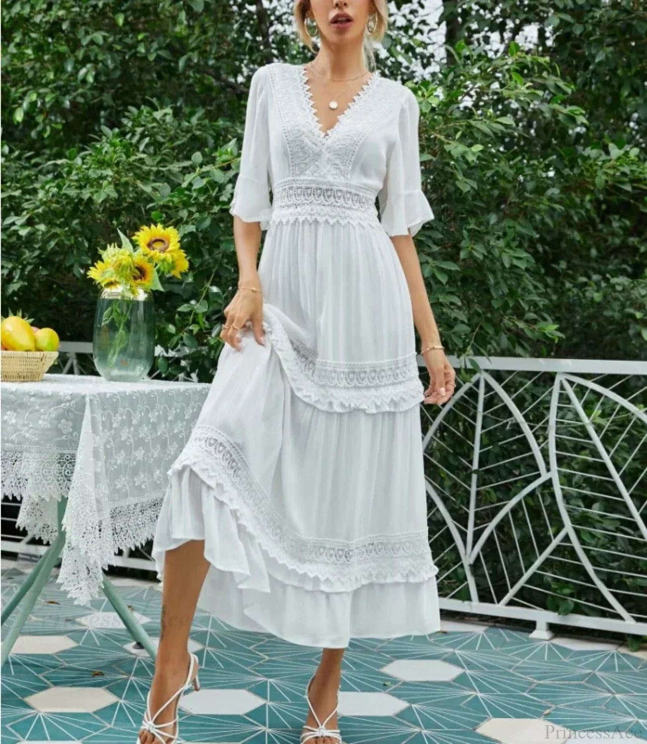 Deep V-Neck Backless Cotton Lace Dress