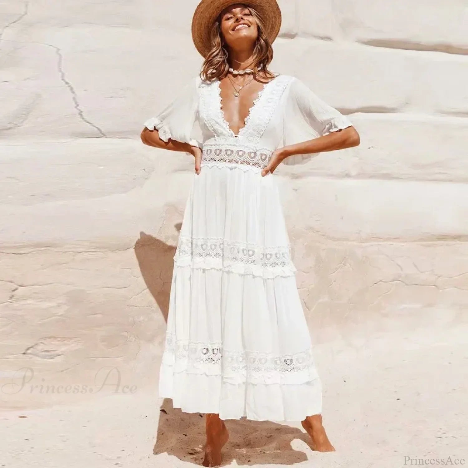 Deep V-Neck Backless Cotton Lace Dress