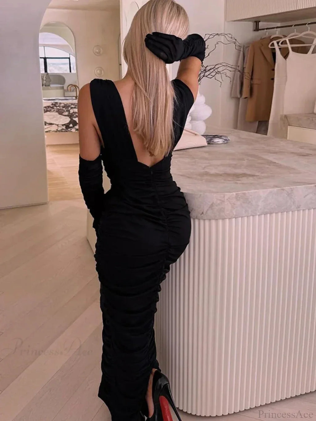 Deep V Neck Gauze Folds Bandage Black Sleeveless Party Dress
