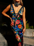Deep V-Neck Lace Patchwork Slip Floral Dress