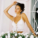 Deep V-Neck Lace Ribbed White Crop Top