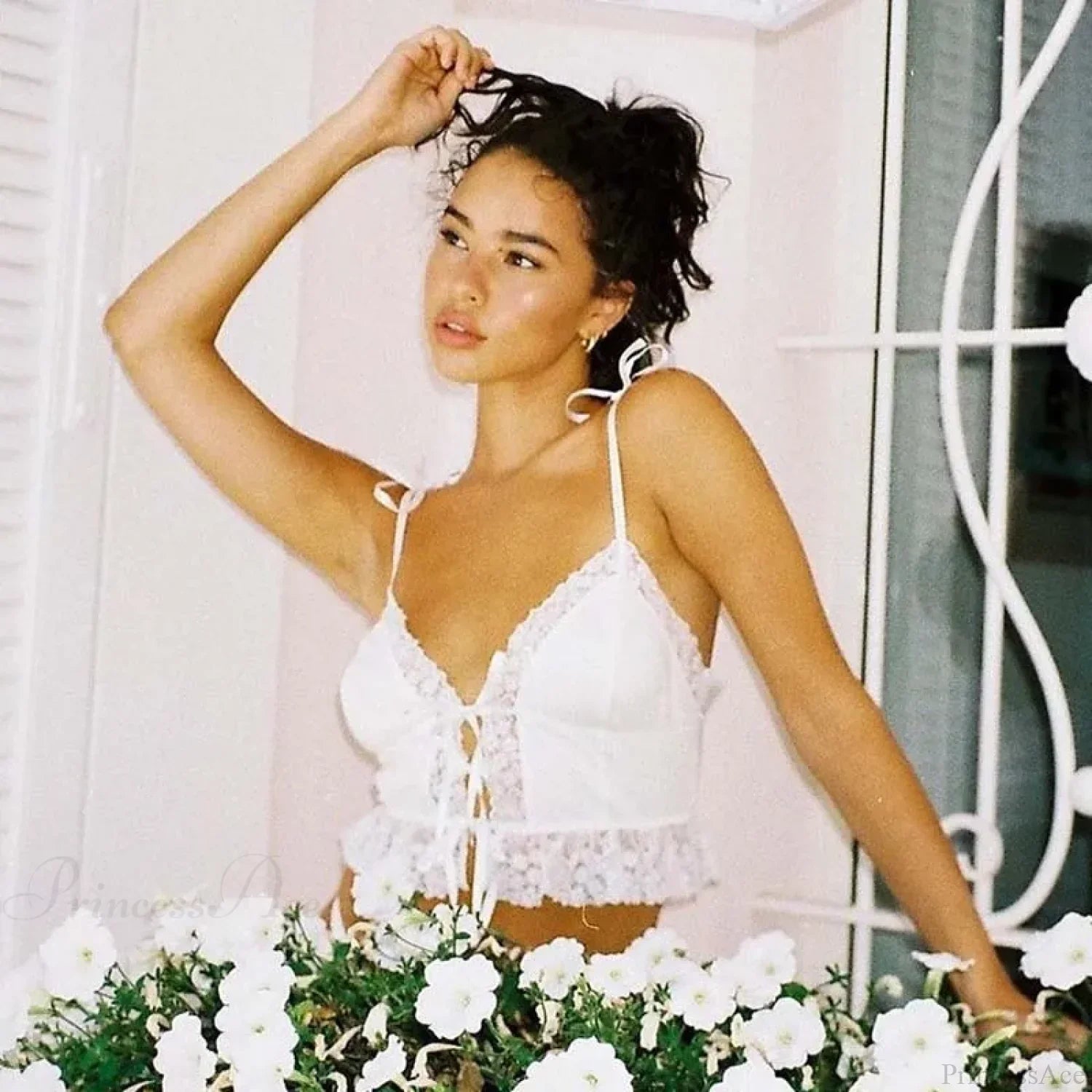 Deep V-Neck Lace Ribbed White Crop Top