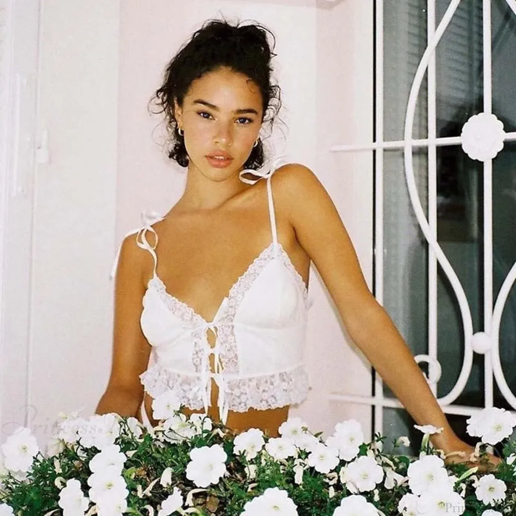 Deep V-Neck Lace Ribbed White Crop Top