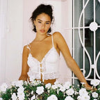 Deep V-Neck Lace Ribbed White Crop Top