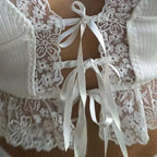 Deep V-Neck Lace Ribbed White Crop Top