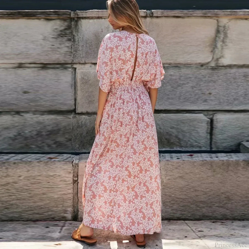 Deep V-Neck Maxi Dress Vintage Floral Print Side Split Boho